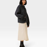 JONES + CO dark navy oversized shawl-collar cardigan in alpaca and cotton blend worn by a model with a cream skirt.