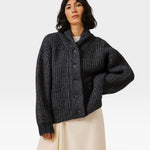 JONES + CO dark navy oversized shawl-collar cardigan in alpaca and Pima cotton blend with button front and pockets