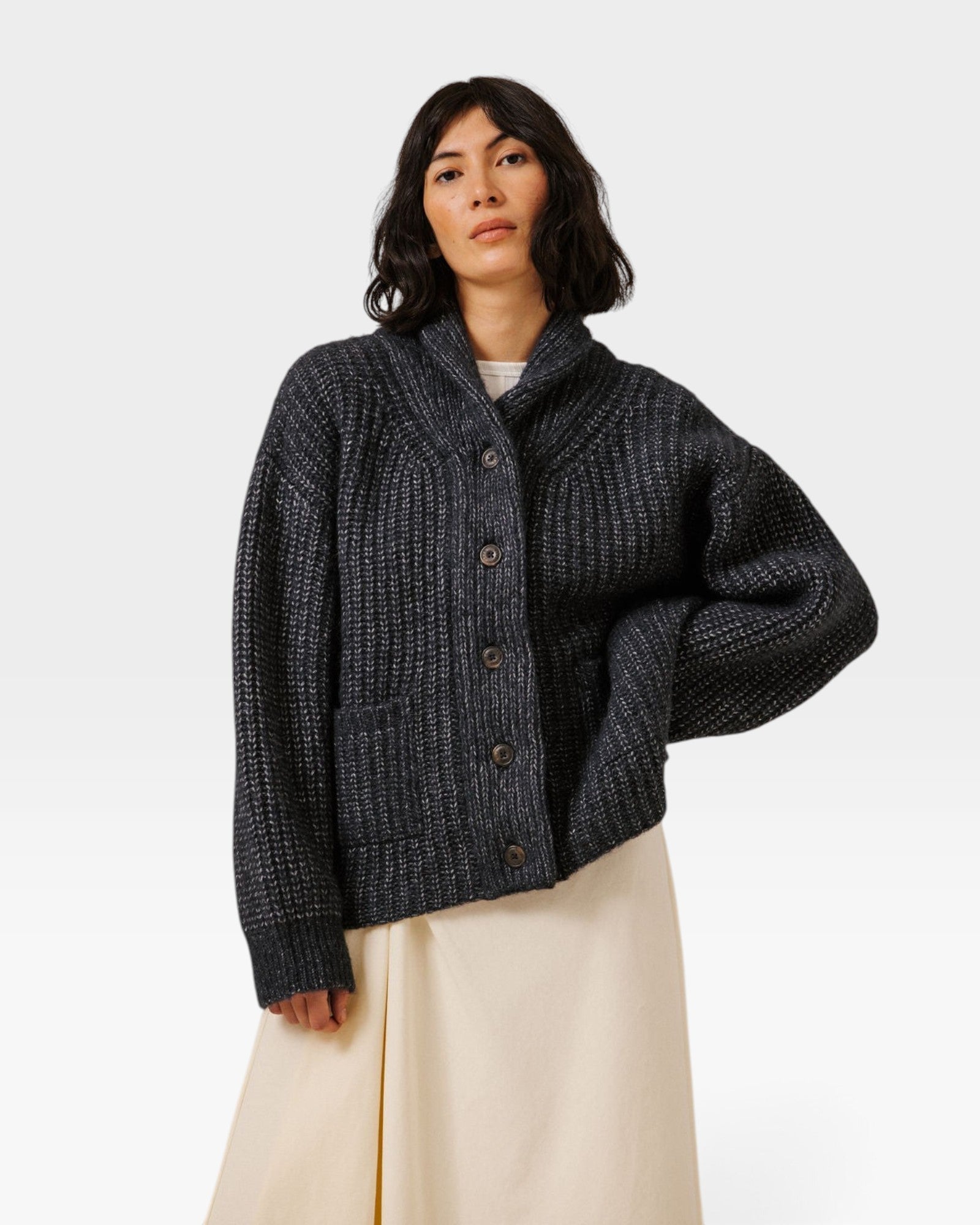 JONES + CO dark navy oversized shawl-collar cardigan in alpaca and Pima cotton blend with button front and pockets