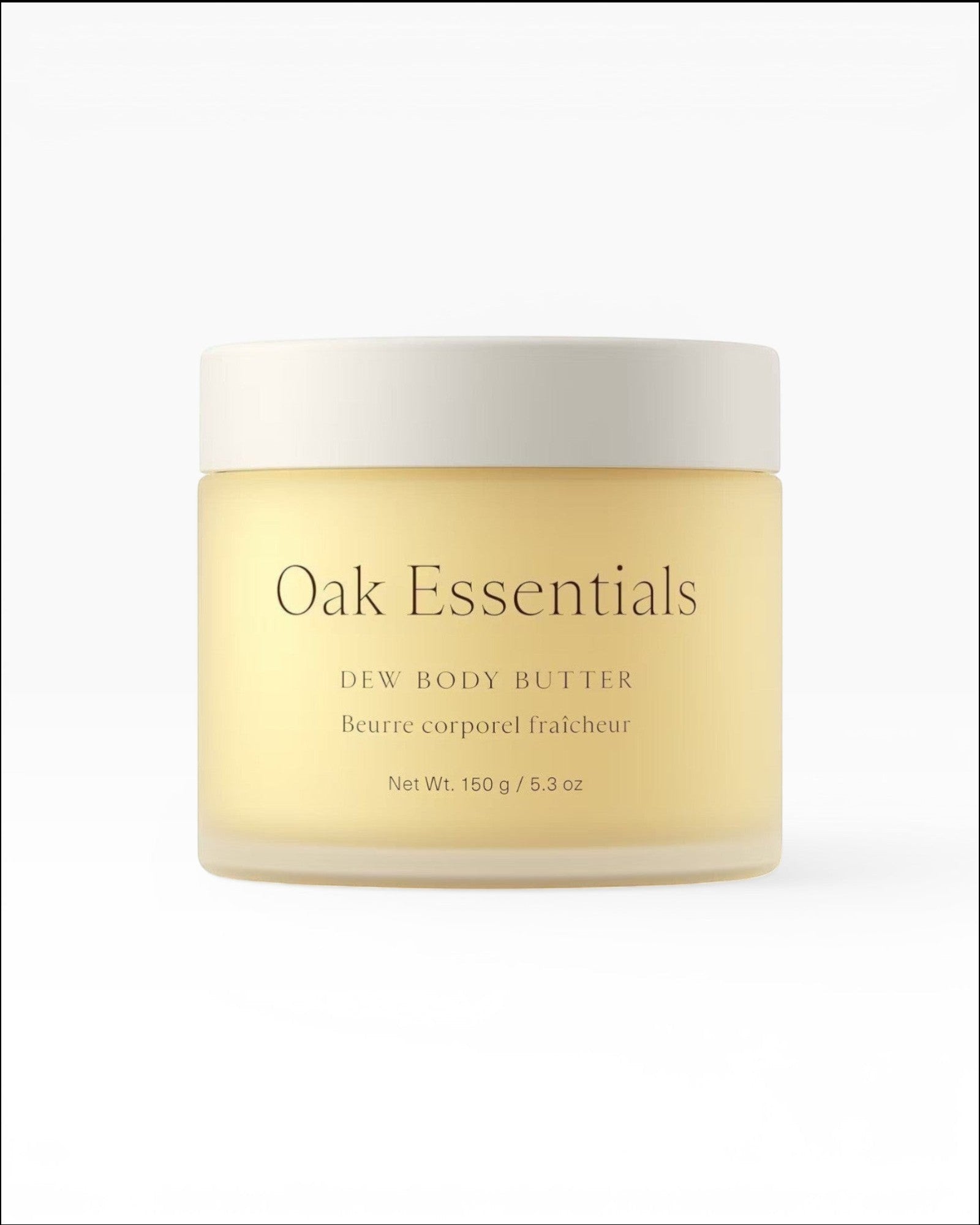 JONES + CO Oak Essentials Dew Body Butter in a frosted yellow jar with a white lid. Lavender Oak scent.
