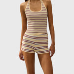 JONES + CO Doris halter top in butter yellow Cila stripe knit fabric with a scoop neckline and fitted silhouette