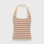 JONES + CO Doris sleeveless halter top in butter yellow with red and brown horizontal stripes in a knit fabric.