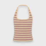 JONES + CO Doris sleeveless halter top in butter yellow with red and brown horizontal stripes in a knit fabric.