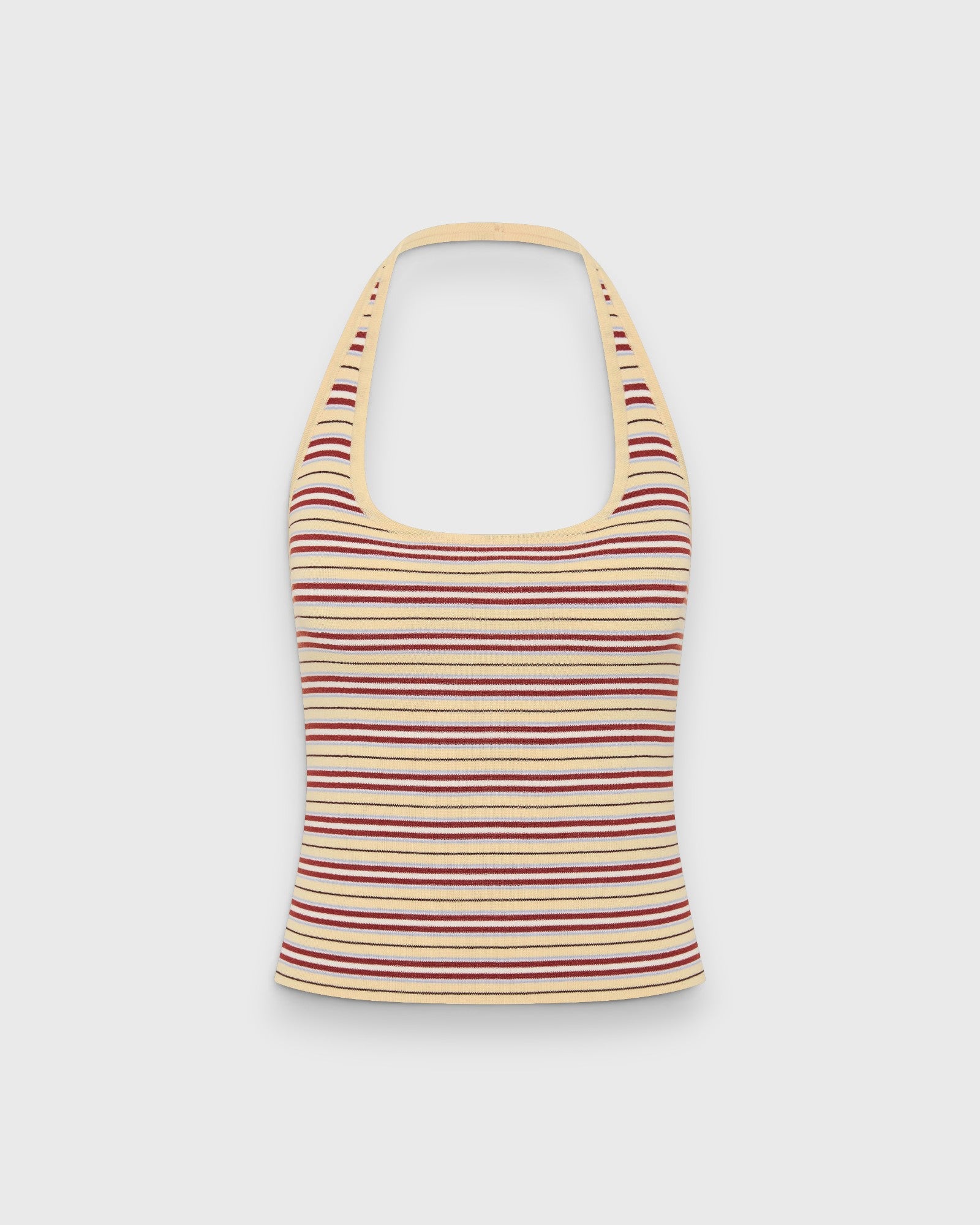 JONES + CO Doris sleeveless halter top in butter yellow with red and brown horizontal stripes in a knit fabric.