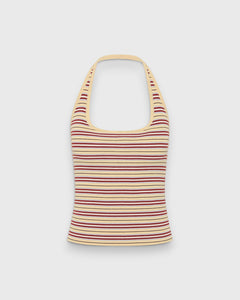 JONES + CO Doris sleeveless halter top in butter yellow with red and brown horizontal stripes in a knit fabric.
