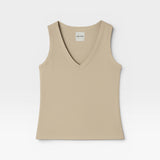 JONES + CO Dune Kana Tank, a ribbed knit sleeveless top with a deep V-neckline and a close, fluid fit.
