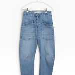 JONES + CO Easton Jean in malibu wash denim. High-waisted, relaxed fit jeans with large front pockets and knee panel details.
