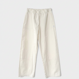 JONES + CO ecru Gardener's Pants in lightweight cotton-nylon with an elastic waist and carpenter-style front patches.