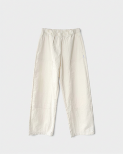 JONES + CO ecru Gardener's Pants in lightweight cotton-nylon with an elastic waist and carpenter-style front patches.