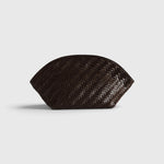 JONES + CO Elin Pouch in espresso brown braided calfskin with a zip closure and woven texture.