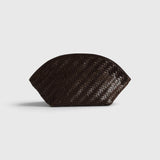 JONES + CO Elin Pouch in espresso brown braided calfskin with a zip closure and woven texture.