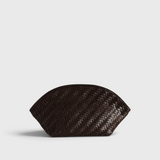 JONES + CO Elin Pouch in espresso brown braided calfskin with a zip closure and woven texture.