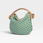 JONES + CO Elis Mini Crescent Bag in woven cognac calfskin with blue accents. Handcrafted in Italy.