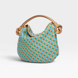 JONES + CO Elis Mini Crescent Bag in woven cognac calfskin with blue accents. Handcrafted in Italy.