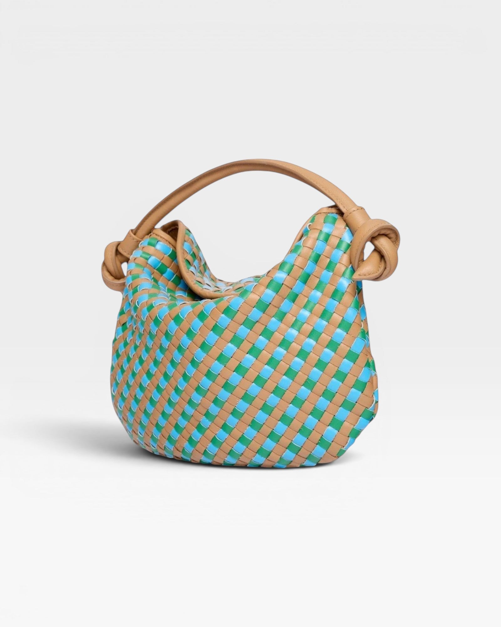 JONES + CO Elis Mini Crescent Bag in woven cognac calfskin with blue accents. Handcrafted in Italy.