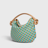 JONES + CO Elis Mini Crescent Bag in woven cognac calfskin with blue accents. Handcrafted in Italy.