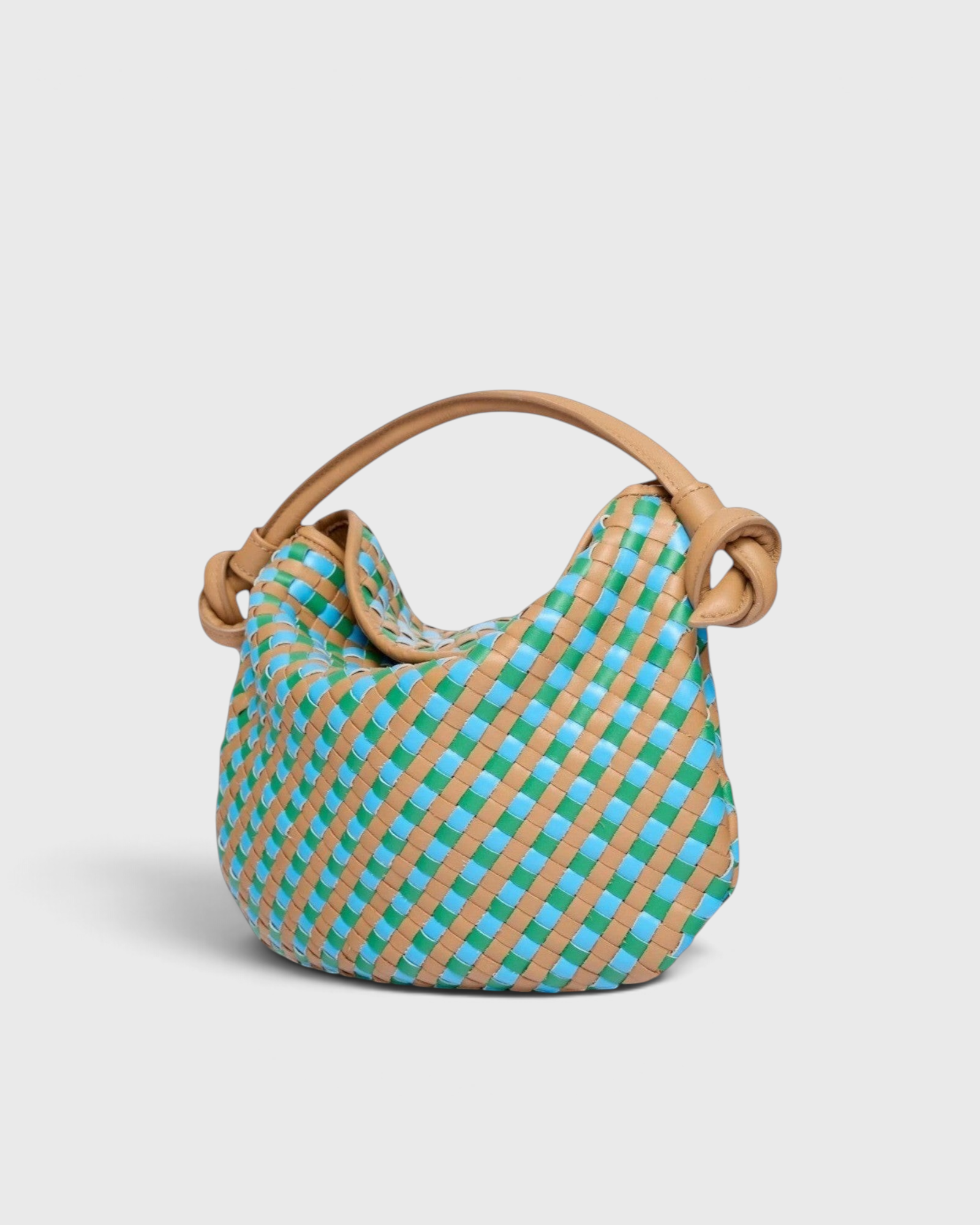 JONES + CO Elis Mini Crescent Bag in woven cognac calfskin with blue accents. Handcrafted in Italy.