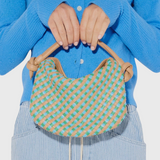 JONES + CO Elis Mini Crescent Bag in woven cognac calf leather with blue and green checkered pattern. Features knotted straps.