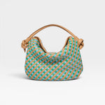 JONES + CO Elis Mini Crescent Bag in woven calfskin leather with blue and green checkered pattern and tan straps.