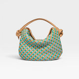 JONES + CO Elis Mini Crescent Bag in woven calfskin leather with blue and green checkered pattern and tan straps.