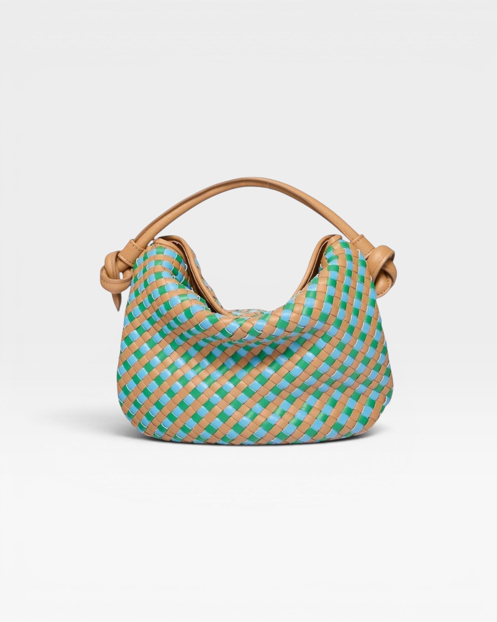 JONES + CO Elis Mini Crescent Bag in woven calfskin leather with blue and green checkered pattern and tan straps.