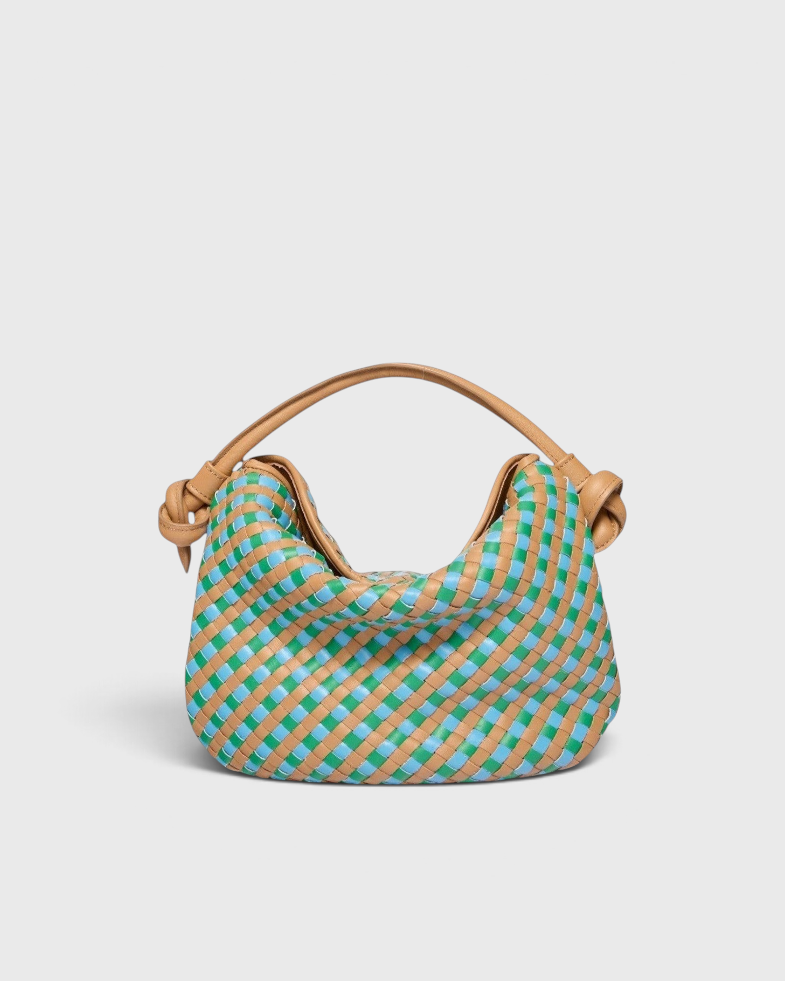 JONES + CO Elis Mini Crescent Bag in woven calfskin leather with blue and green checkered pattern and tan straps.