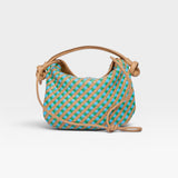 JONES + CO Elis Mini Crescent Bag in woven tan calfskin with blue and green checkered pattern. Features a slouchy shape and knotted strap details.