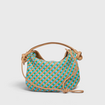 JONES + CO Elis Mini Crescent Bag in woven tan calfskin with blue and green checkered pattern. Features a slouchy shape and knotted strap details.