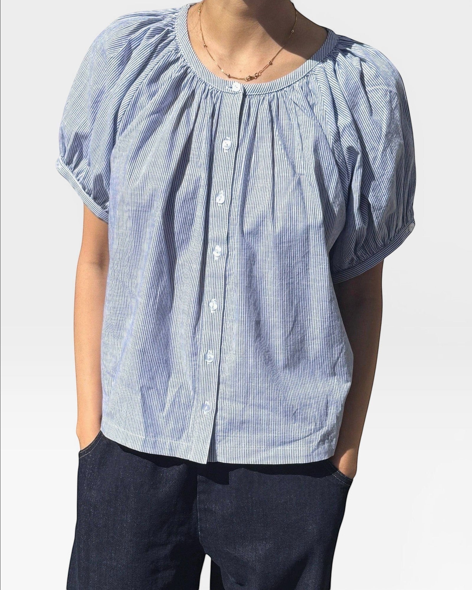 JONES + CO Emily blue and white striped cotton top with puff sleeves and button front.