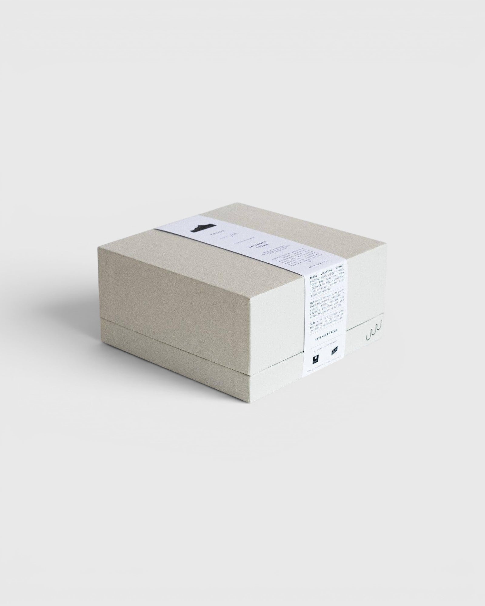 JONES + CO UME Studio Erode Soap in Lavender Crème, presented in a minimalist beige textured gift box with paper label.