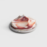 JONES + CO UME Studio Erode Soap in Lavender Crème with a sculptural marbled design on a matching stone soap dish.