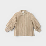 JONES + CO Esme Blouse in biscuit striped cotton poplin with puff sleeves and pearl buttons.