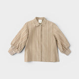 JONES + CO Esme Blouse in biscuit striped cotton poplin with puff sleeves and pearl buttons.