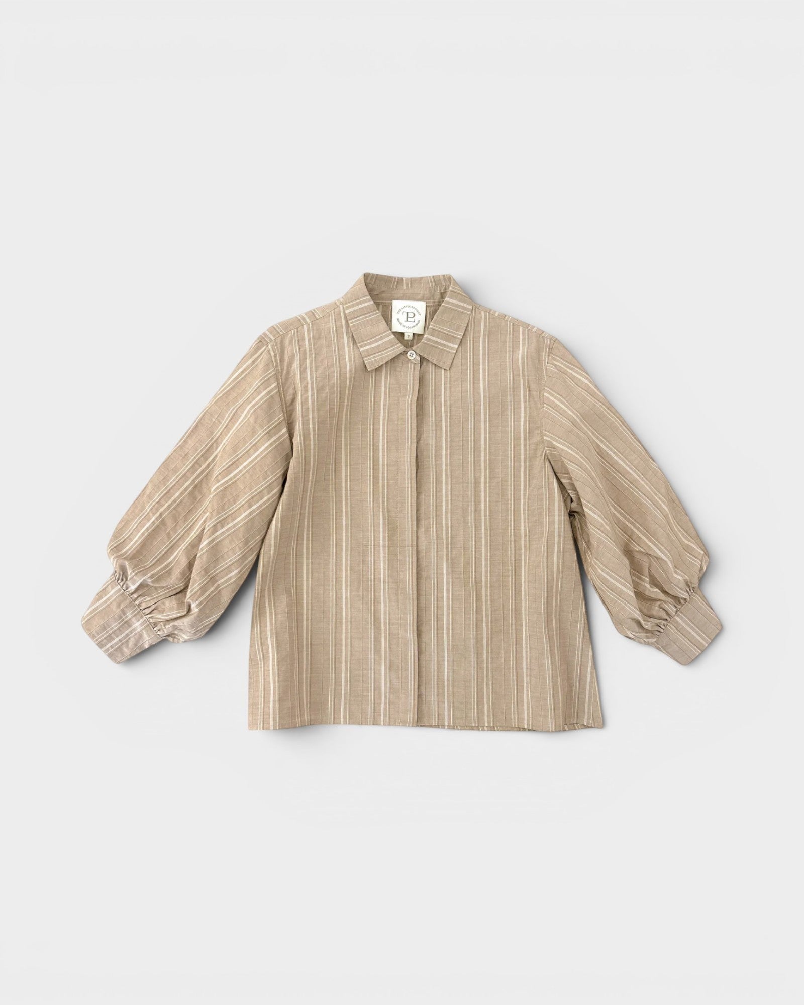JONES + CO Esme Blouse in biscuit striped cotton poplin with puff sleeves and pearl buttons.