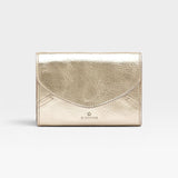 JONES + CO Esperia Medium Wallet in metallic platino cowhide leather with snap closure and accordion compartments.