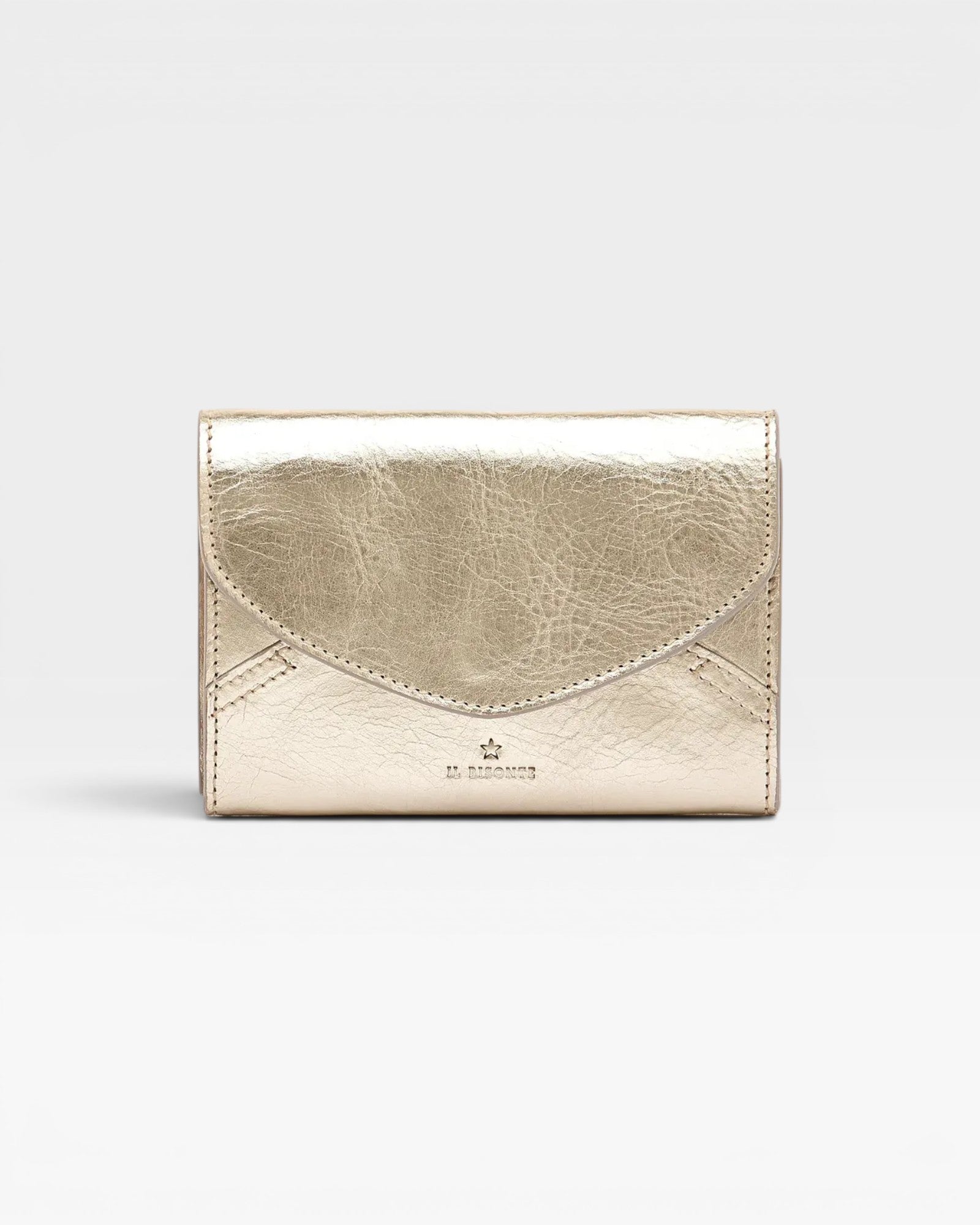 JONES + CO Esperia Medium Wallet in metallic platino cowhide leather with snap closure and accordion compartments.