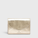 JONES + CO Esperia Medium Wallet in metallic platino cowhide leather with snap closure and accordion compartments.