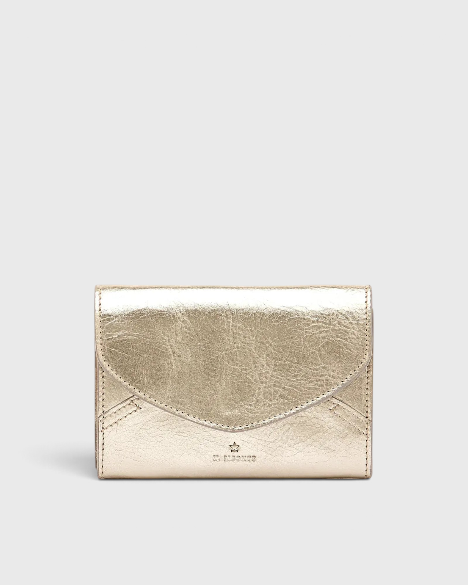 JONES + CO Esperia Medium Wallet in metallic platino cowhide leather with snap closure and accordion compartments.