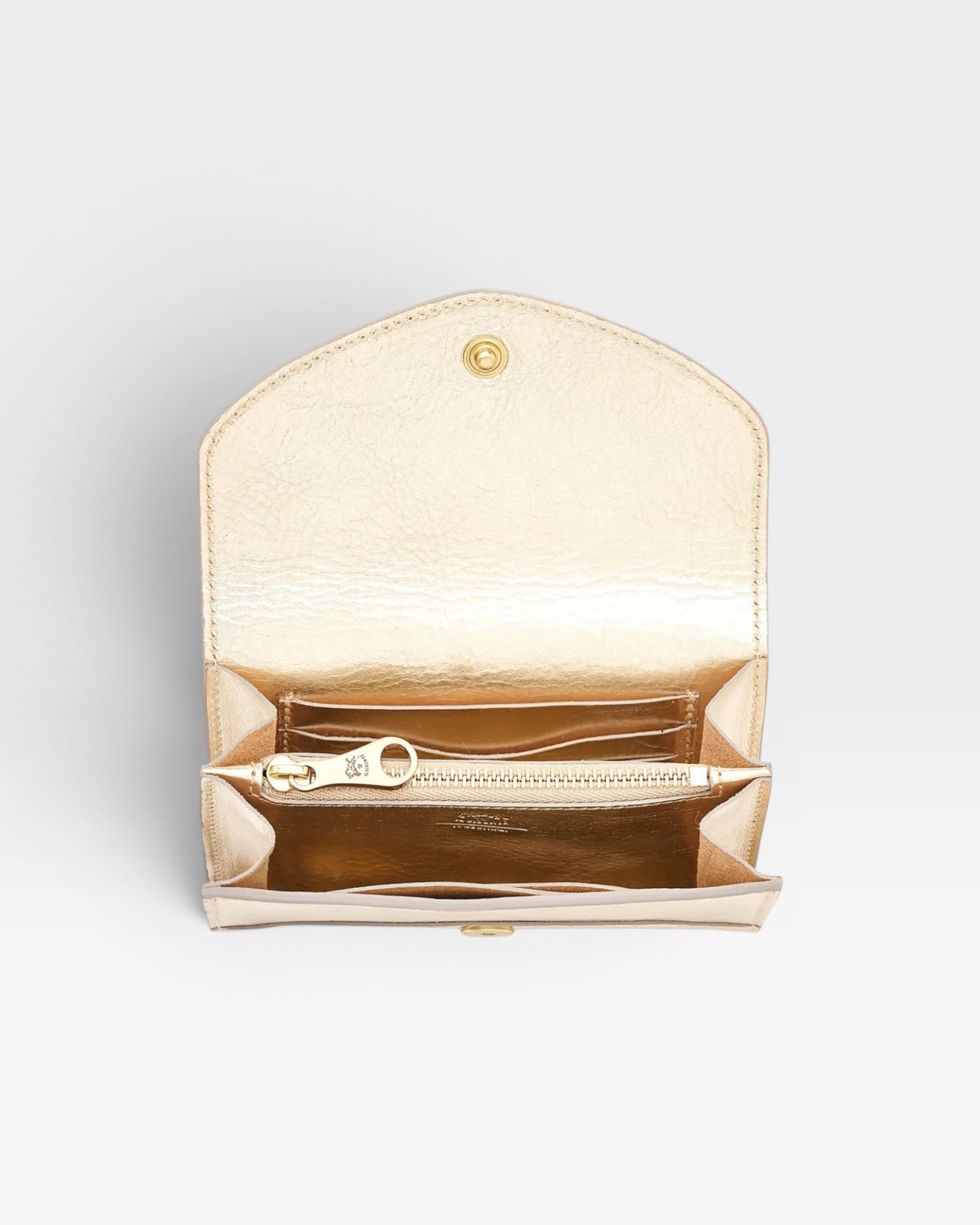 JONES + CO Esperia Medium Wallet in metallic platino leather with snap closure, zip coin pocket, card slots, and ID pockets.