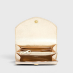 JONES + CO Esperia Medium Wallet in metallic platino leather with snap closure, zip coin pocket, card slots, and ID pockets.