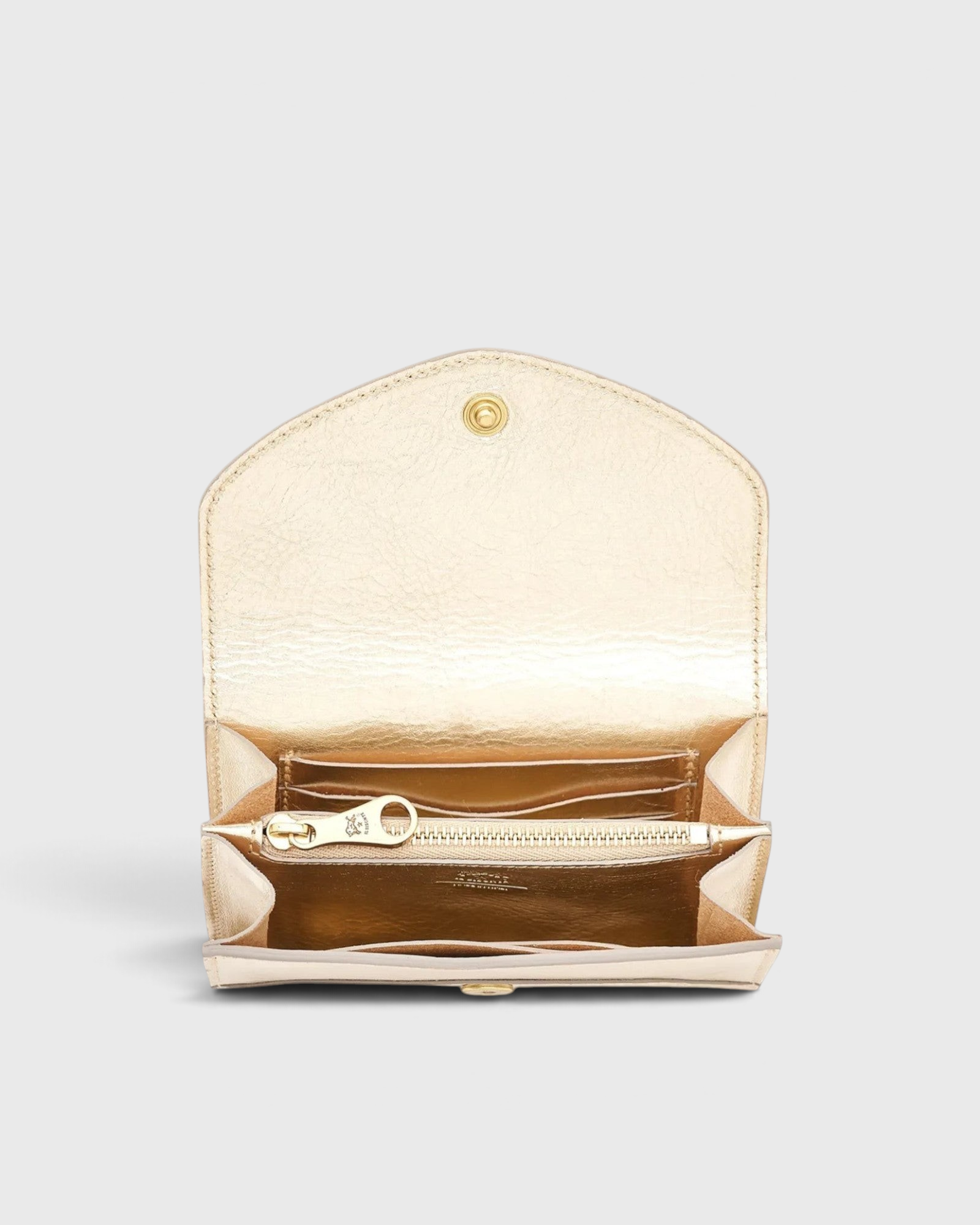 JONES + CO Esperia Medium Wallet in metallic platino leather with snap closure, zip coin pocket, card slots, and ID pockets.