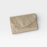 JONES + CO Esperia Medium Wallet in metallic platino leather with snap closure and accordion compartments.
