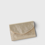 JONES + CO Esperia Medium Wallet in metallic platino leather with snap closure and accordion compartments.