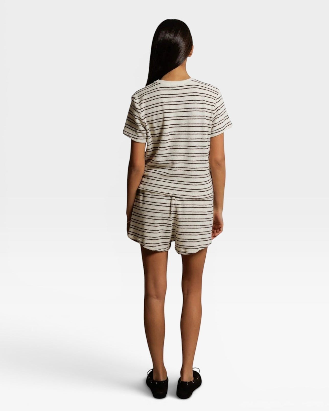 JONES + CO Eve short sleeve shirt and shorts set in natural and chocolate stripe loop terry fabric, back view.