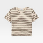 JONES + CO Eve short sleeve shirt in natural and chocolate brown stripe loop terry fabric with a crew neckline.