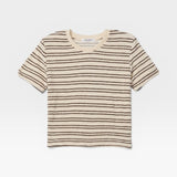 JONES + CO Eve short sleeve shirt in natural and chocolate brown stripe loop terry fabric with a crew neckline.