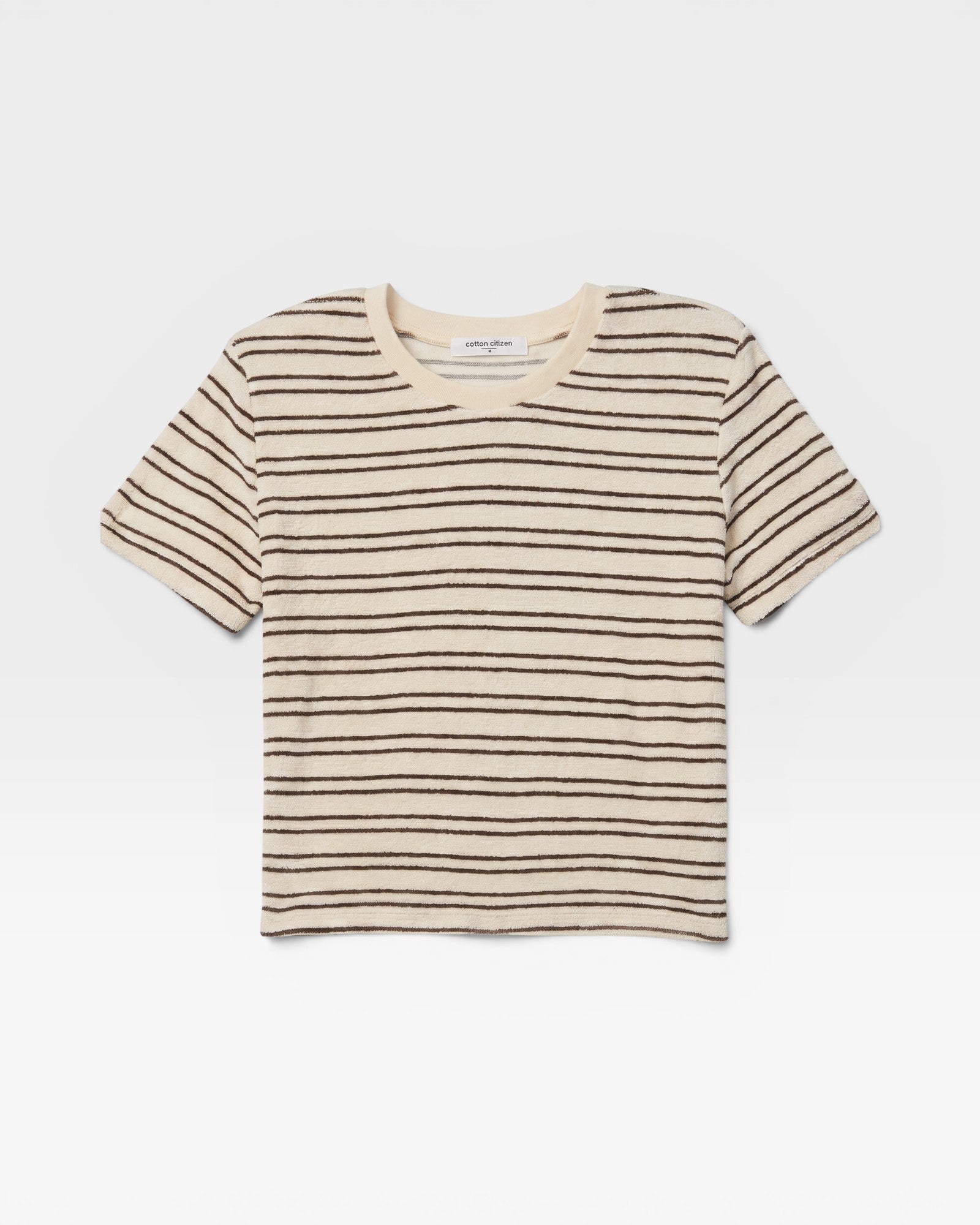 JONES + CO Eve short sleeve shirt in natural and chocolate brown stripe loop terry fabric with a crew neckline.