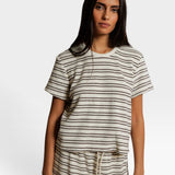 JONES + CO Eve short sleeve shirt in natural and chocolate stripe loop terry fabric worn by a model
