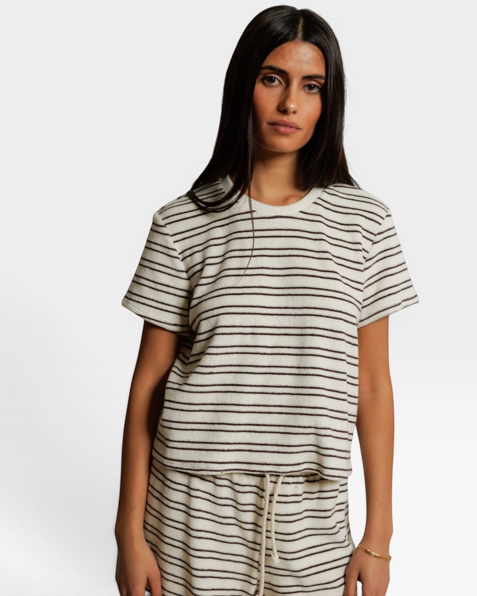 JONES + CO Eve short sleeve shirt in natural and chocolate stripe loop terry fabric worn by a model