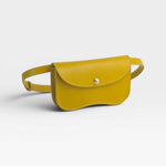 JONES + CO Faba Fanny Bag in chartreuse leather with brass closure and adjustable strap. Can be worn on waist or chest.